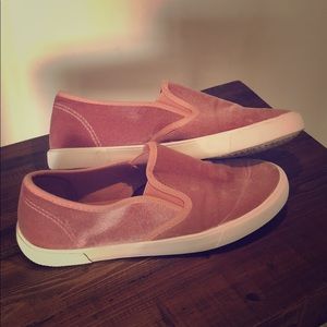 Millennial pink velvet slides